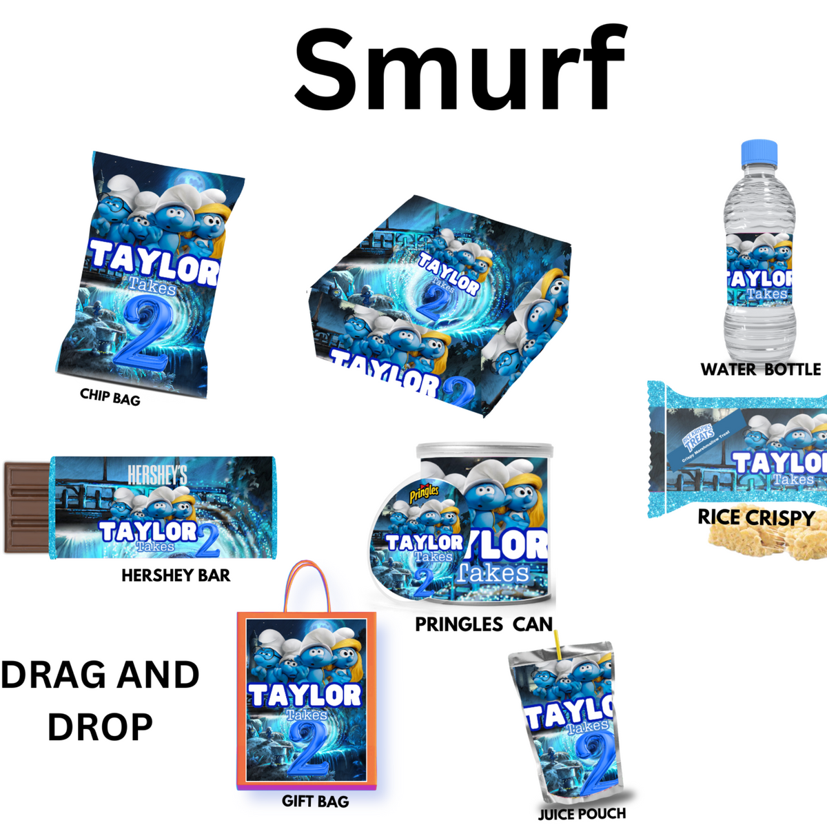 Smurf Bundle Party Favor Canva Design Templates plus mockup (10 editable templates and designs)